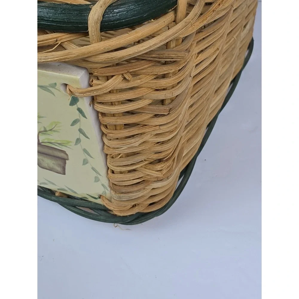 Woven Wicker Basket With Painted Ceramic Tile Accents Gardening Theme Handles